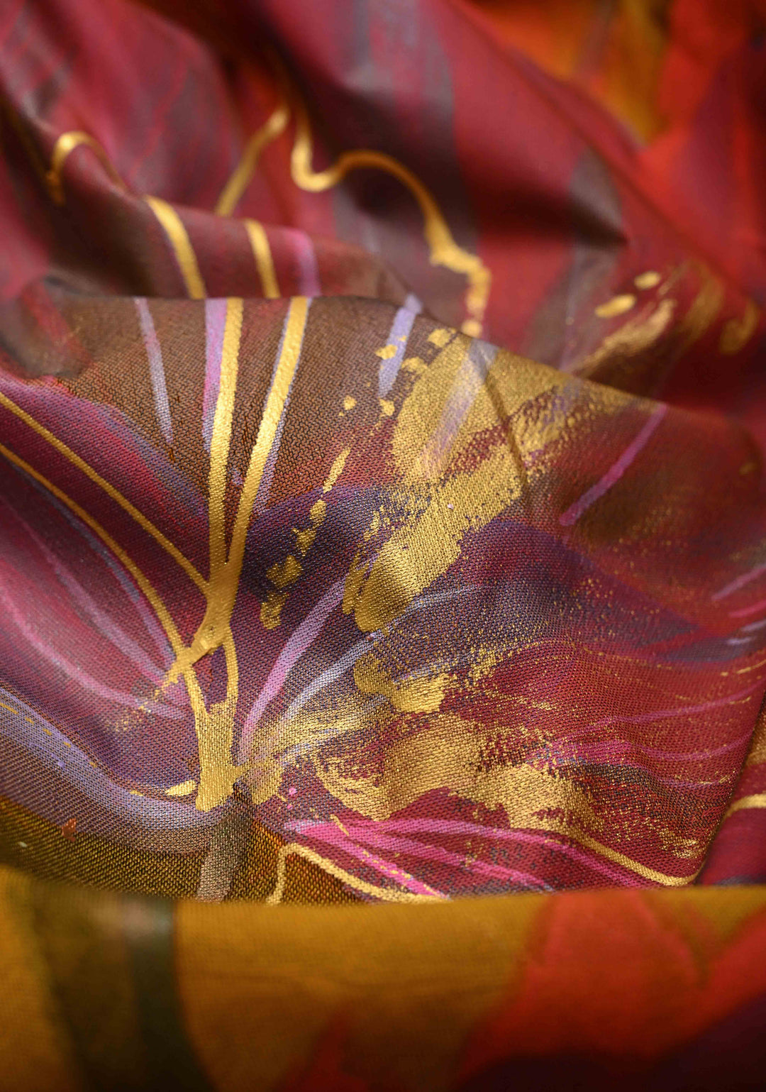 Ochre  Georgette Saree Floral  Hand Painted ,No Blouse Piece