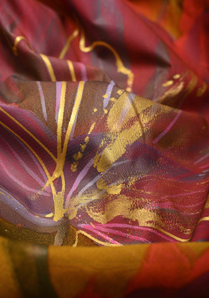 Ochre  Georgette Saree Floral  Hand Painted ,No Blouse Piece