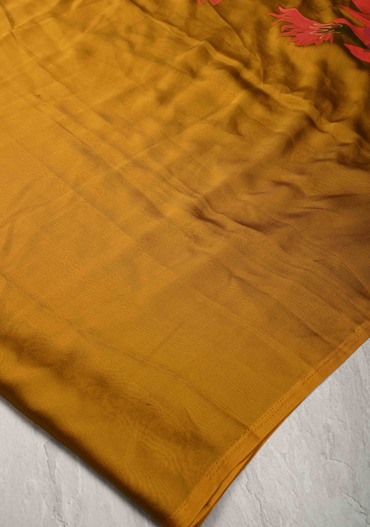 Ochre  Georgette Saree Floral  Hand Painted ,No Blouse Piece