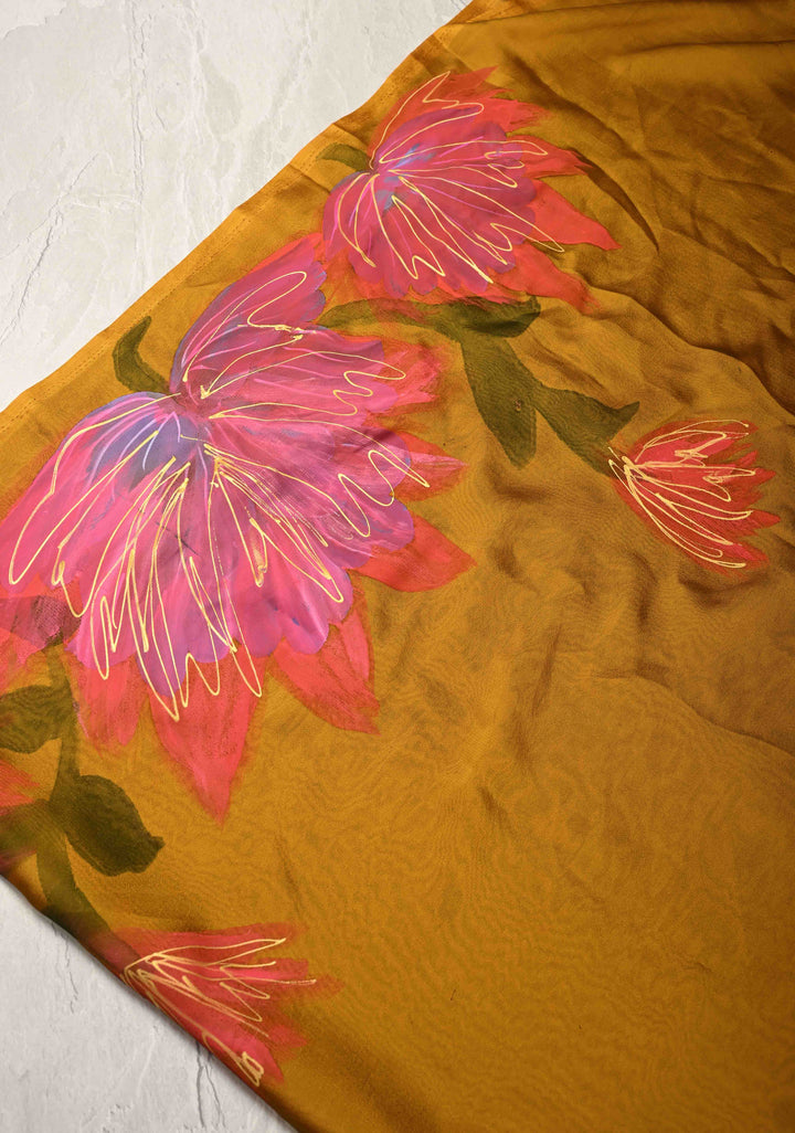 Ochre  Georgette Saree Floral  Hand Painted ,No Blouse Piece