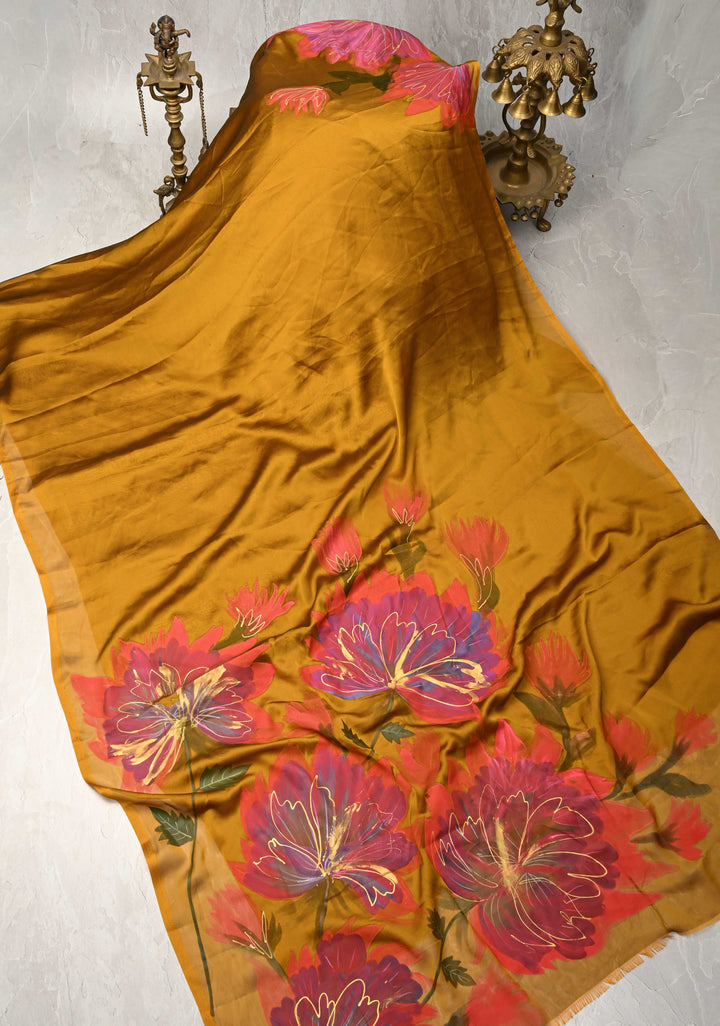 Ochre  Georgette Saree Floral  Hand Painted ,No Blouse Piece