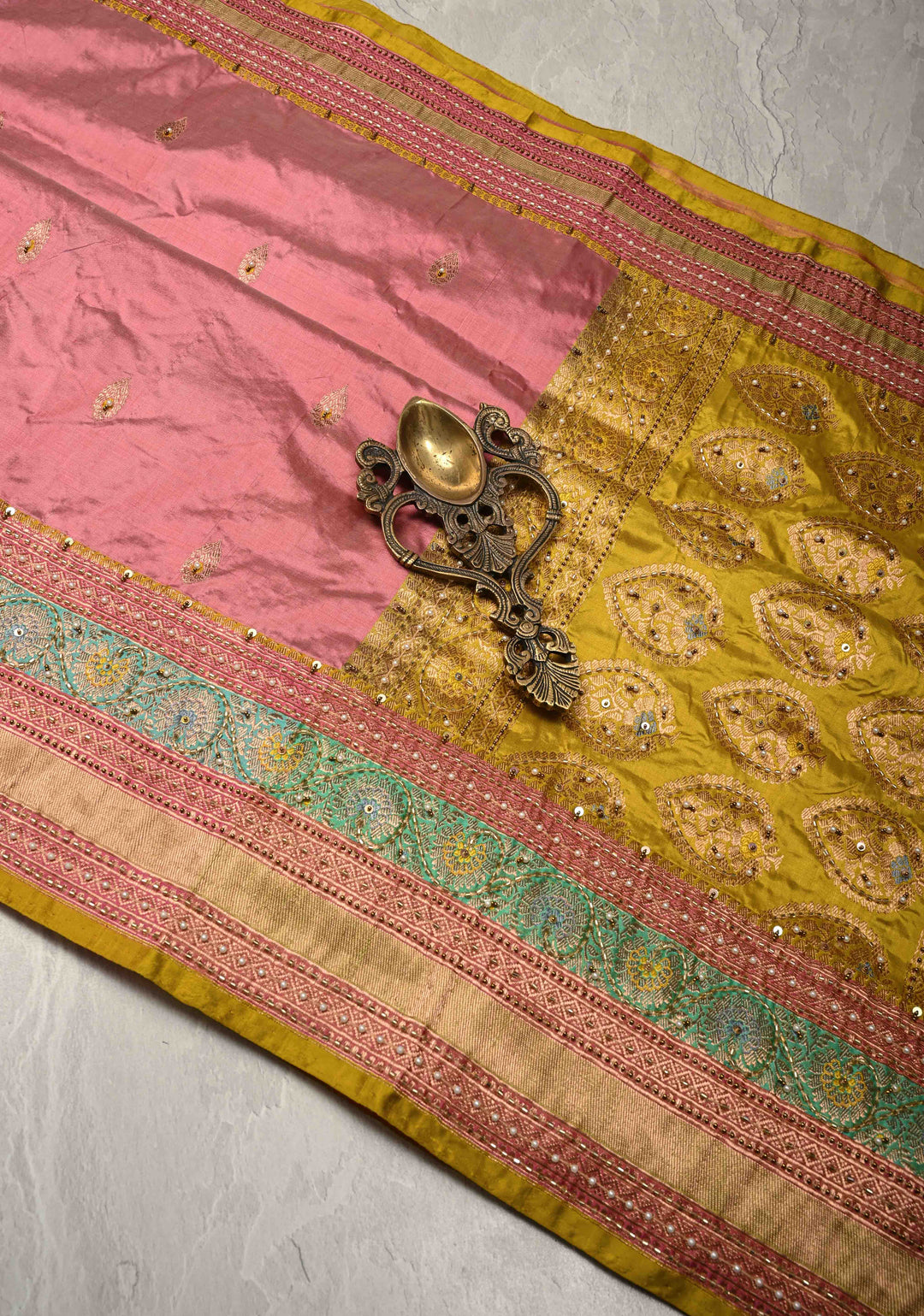Rose Pink Meenakari on Katan Silk Saree with Zari Buttas and Sequins, Cutdana, Moti Hand work | SILK MARK CERTIFIED