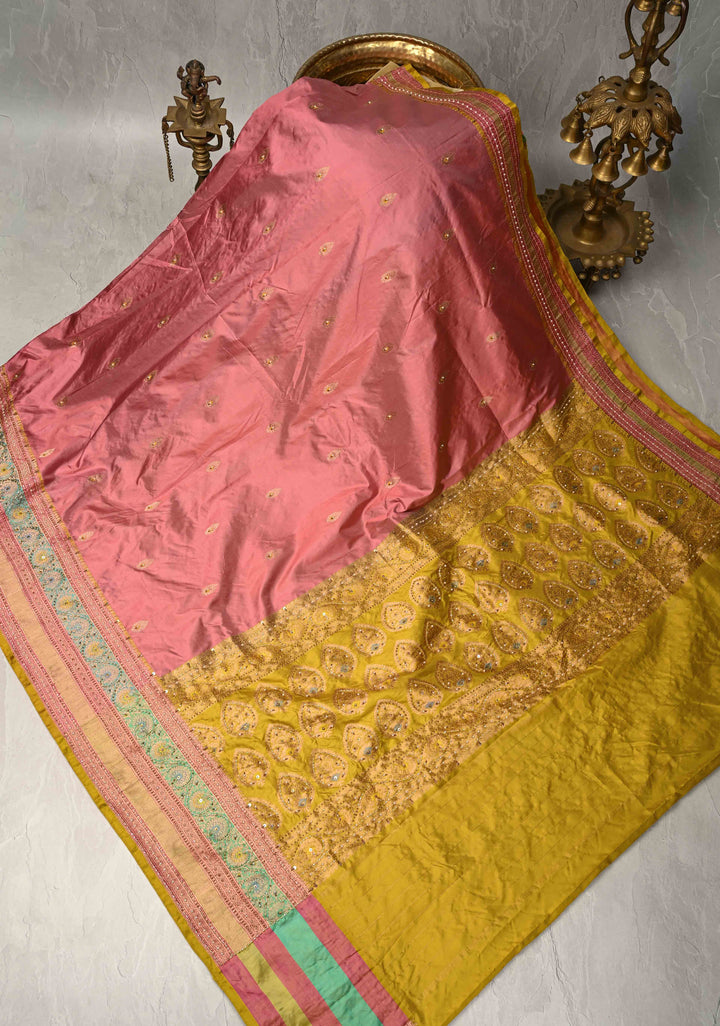 Rose Pink Meenakari on Katan Silk Saree with Zari Buttas and Sequins, Cutdana, Moti Hand work | SILK MARK CERTIFIED
