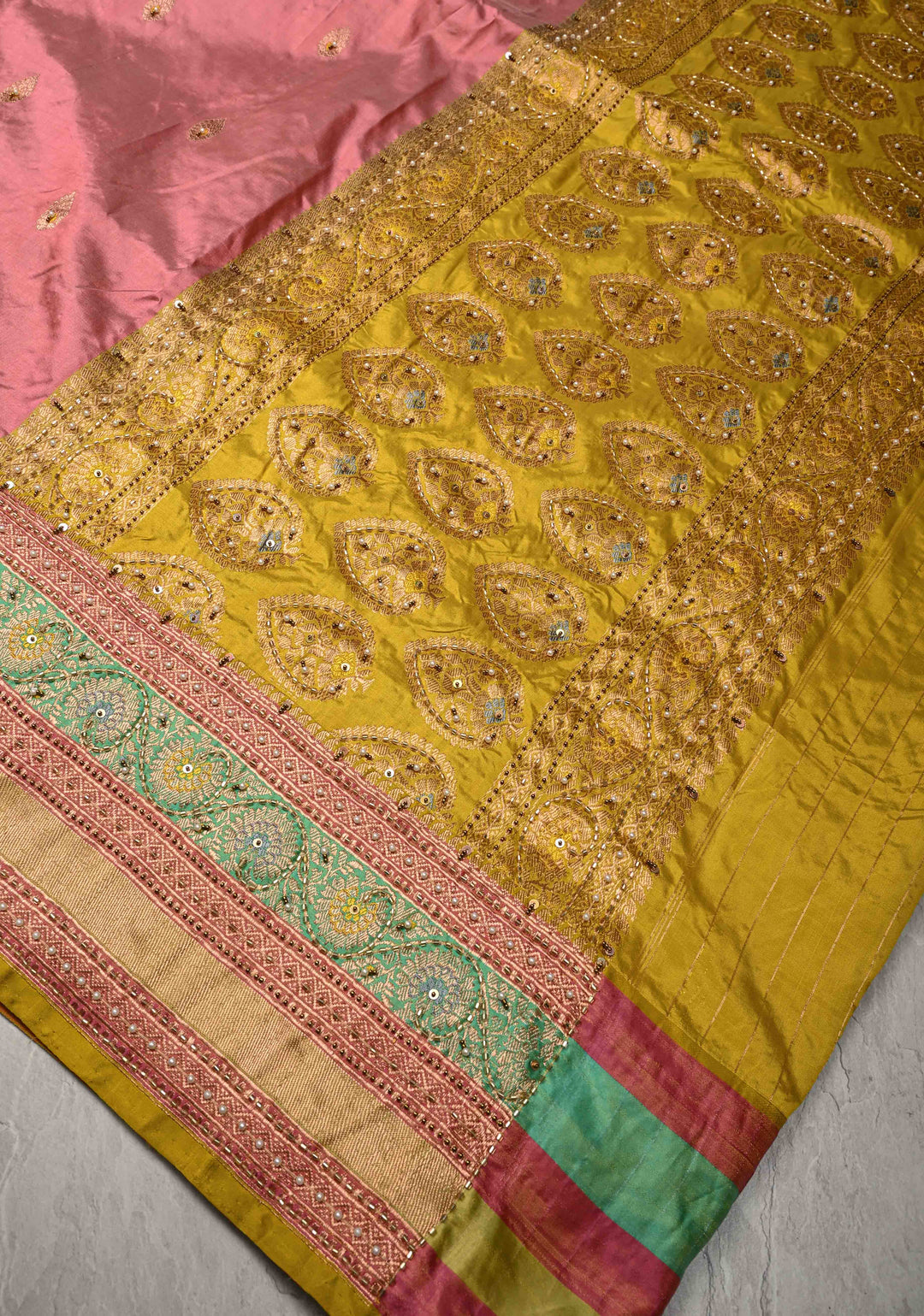 Rose Pink Meenakari on Katan Silk Saree with Zari Buttas and Sequins, Cutdana, Moti Hand work | SILK MARK CERTIFIED