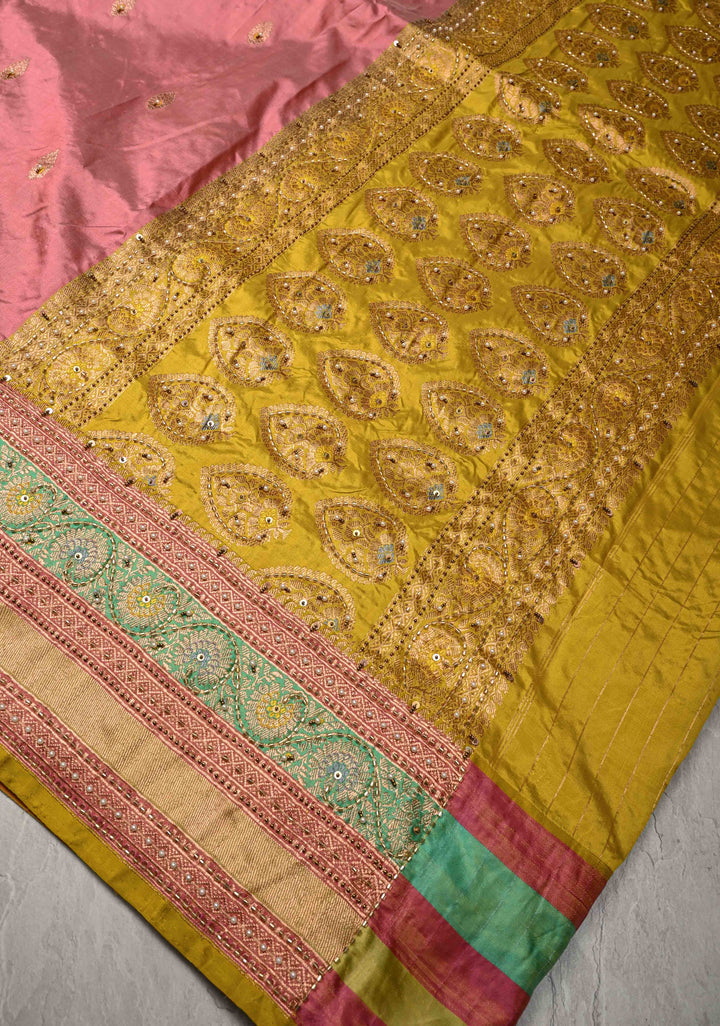 Rose Pink Meenakari on Katan Silk Saree with Zari Buttas and Sequins, Cutdana, Moti Hand work | SILK MARK CERTIFIED