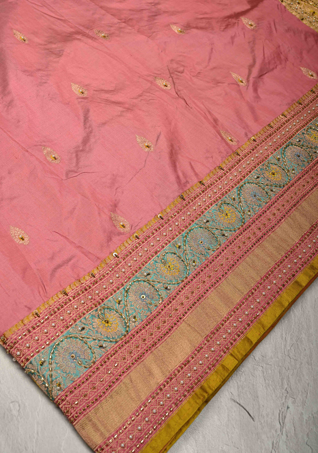 Rose Pink Meenakari on Katan Silk Saree with Zari Buttas and Sequins, Cutdana, Moti Hand work | SILK MARK CERTIFIED