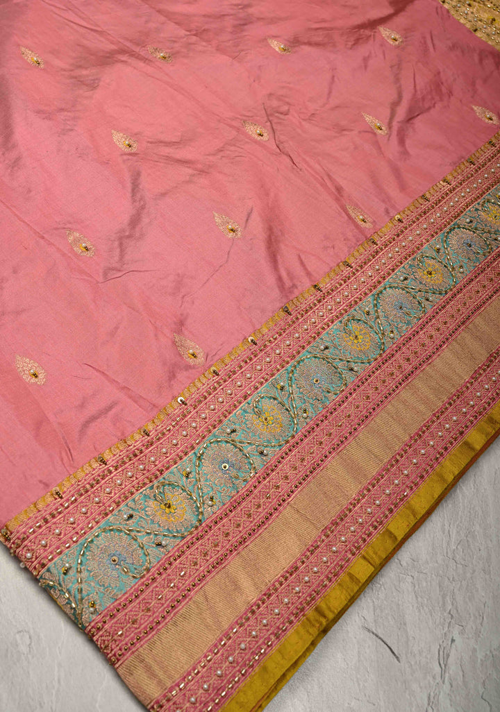 Rose Pink Meenakari on Katan Silk Saree with Zari Buttas and Sequins, Cutdana, Moti Hand work | SILK MARK CERTIFIED