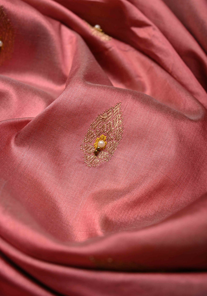 Rose Pink Meenakari on Katan Silk Saree with Zari Buttas and Sequins, Cutdana, Moti Hand work | SILK MARK CERTIFIED