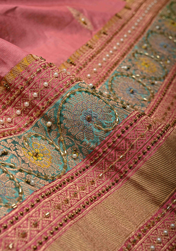 Rose Pink Meenakari on Katan Silk Saree with Zari Buttas and Sequins, Cutdana, Moti Hand work | SILK MARK CERTIFIED