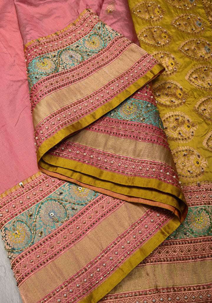Rose Pink Meenakari on Katan Silk Saree with Zari Buttas and Sequins, Cutdana, Moti Hand work | SILK MARK CERTIFIED