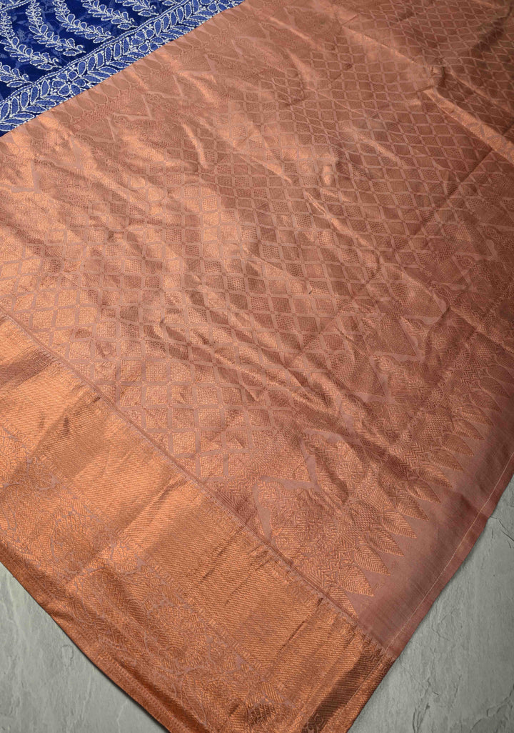 Fusion Royal Blue Hand-Embroidered Full Jaal Chikankari Georgette Saree with Mukesh work and Contrast Kanjivaram Border | SHOBITAM