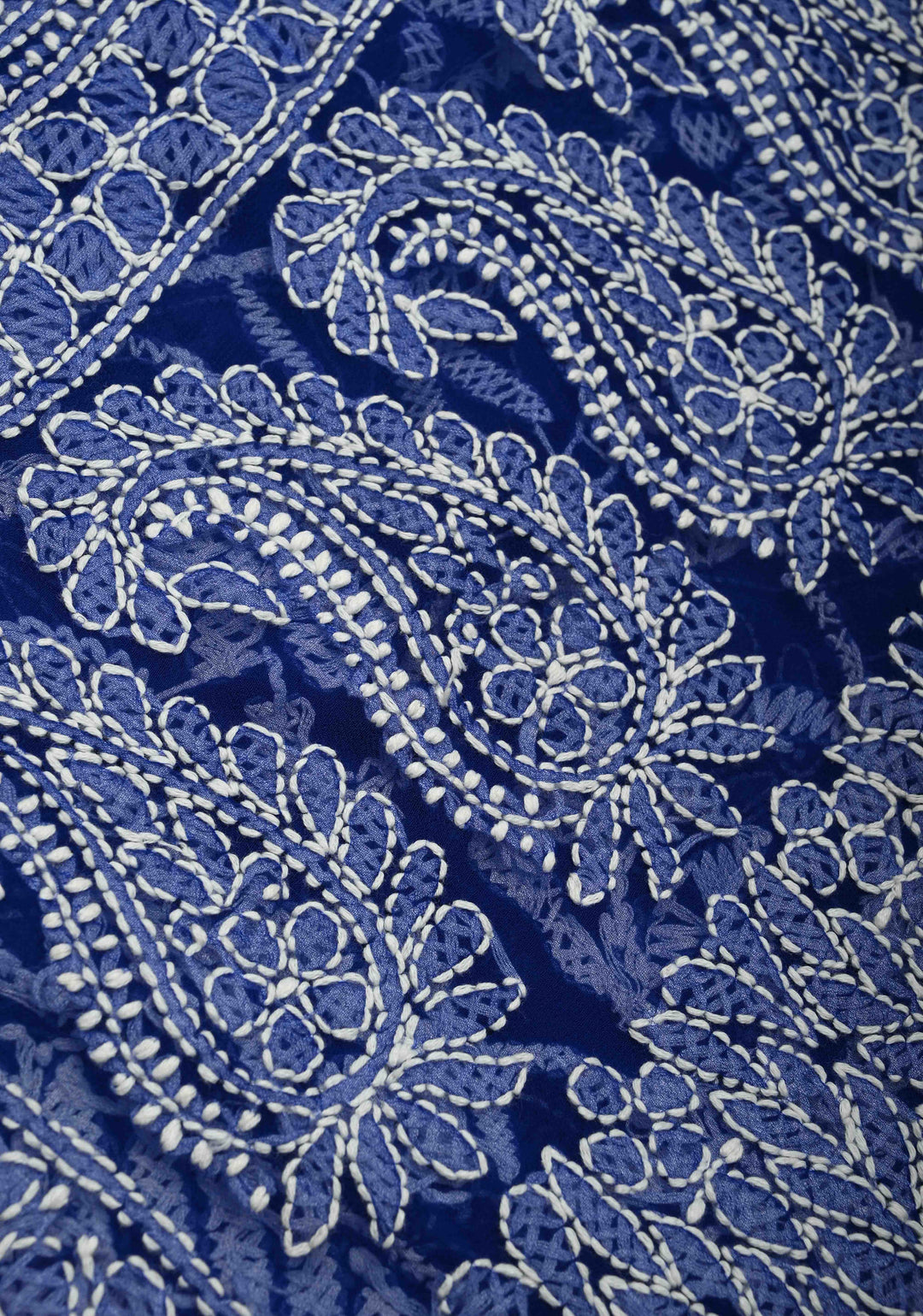 Fusion Royal Blue Hand-Embroidered Full Jaal Chikankari Georgette Saree with Mukesh work and Contrast Kanjivaram Border | SHOBITAM