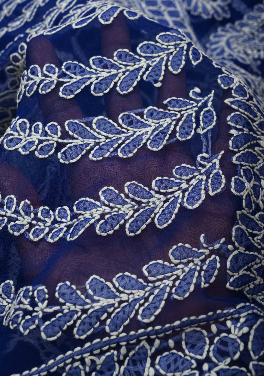 Fusion Royal Blue Hand-Embroidered Full Jaal Chikankari Georgette Saree with Mukesh work and Contrast Kanjivaram Border | SHOBITAM
