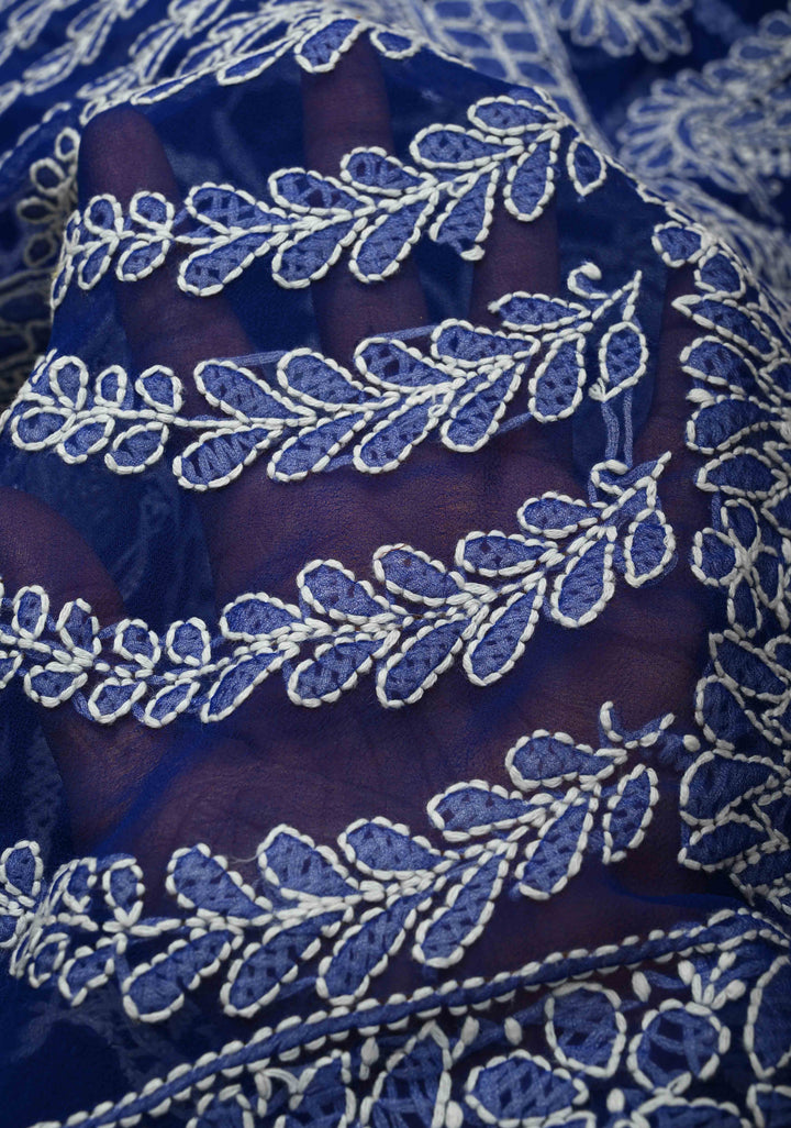 Fusion Royal Blue Hand-Embroidered Full Jaal Chikankari Georgette Saree with Mukesh work and Contrast Kanjivaram Border | SHOBITAM