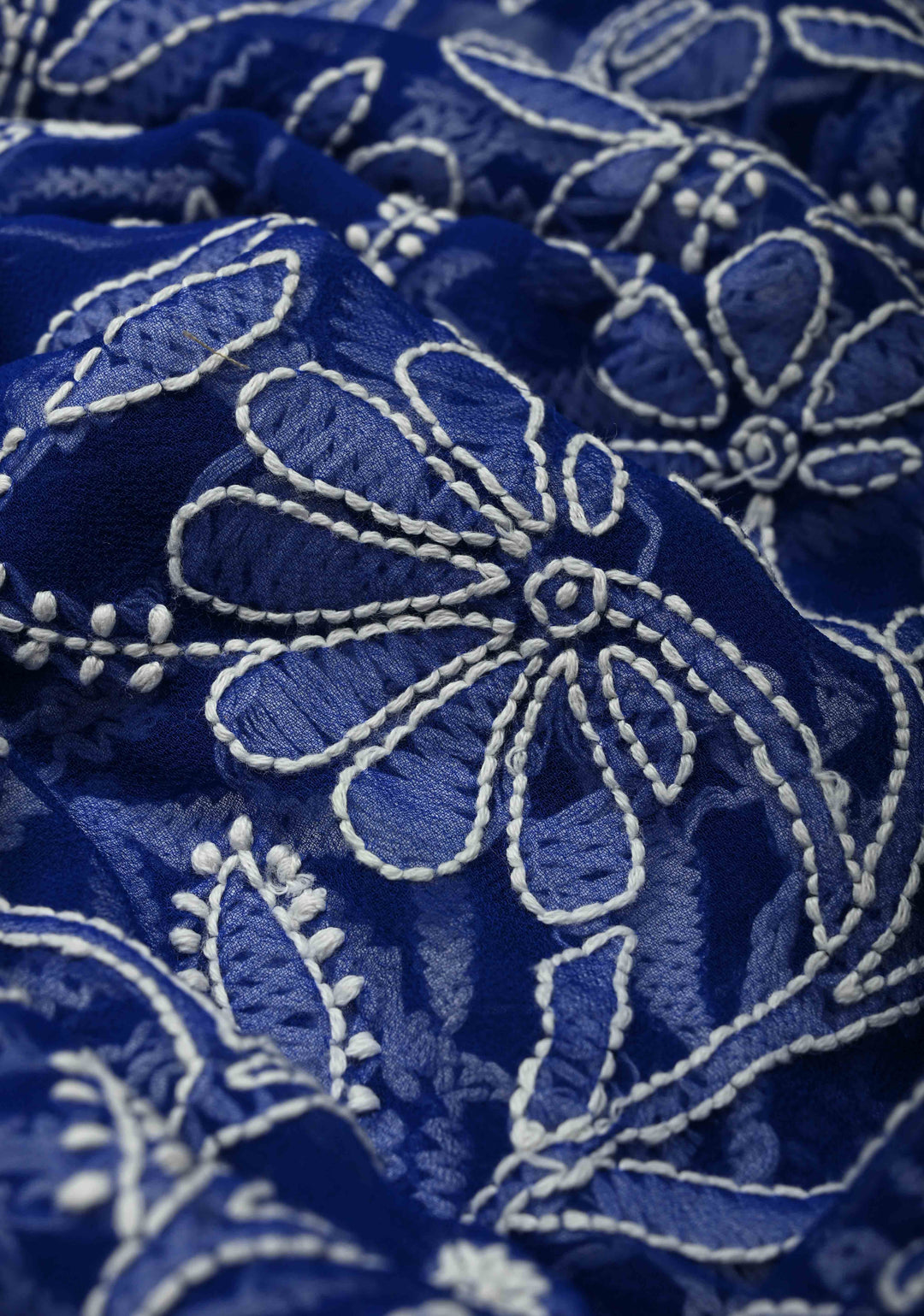 Fusion Royal Blue Hand-Embroidered Full Jaal Chikankari Georgette Saree with Mukesh work and Contrast Kanjivaram Border | SHOBITAM