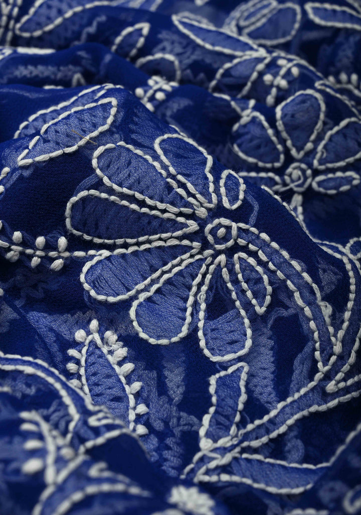 Fusion Royal Blue Hand-Embroidered Full Jaal Chikankari Georgette Saree with Mukesh work and Contrast Kanjivaram Border | SHOBITAM