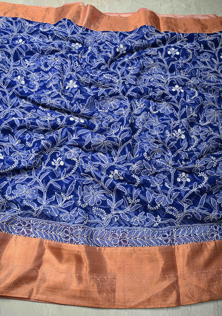 Fusion Royal Blue Hand-Embroidered Full Jaal Chikankari Georgette Saree with Mukesh work and Contrast Kanjivaram Border | SHOBITAM