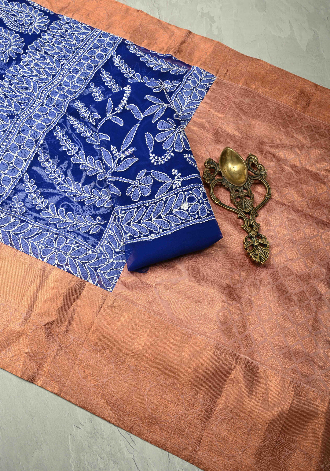 Fusion Royal Blue Hand-Embroidered Full Jaal Chikankari Georgette Saree with Mukesh work and Contrast Kanjivaram Border | SHOBITAM