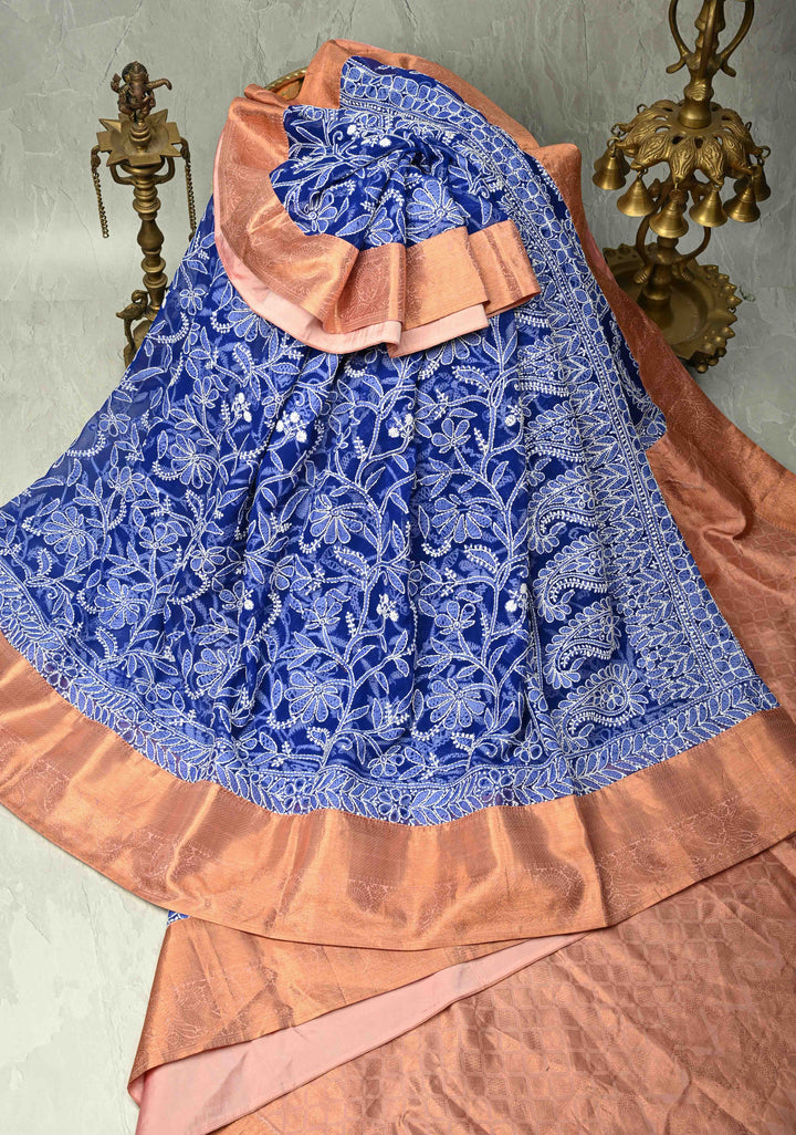 Fusion Royal Blue Hand-Embroidered Full Jaal Chikankari Georgette Saree with Mukesh work and Contrast Kanjivaram Border | SHOBITAM