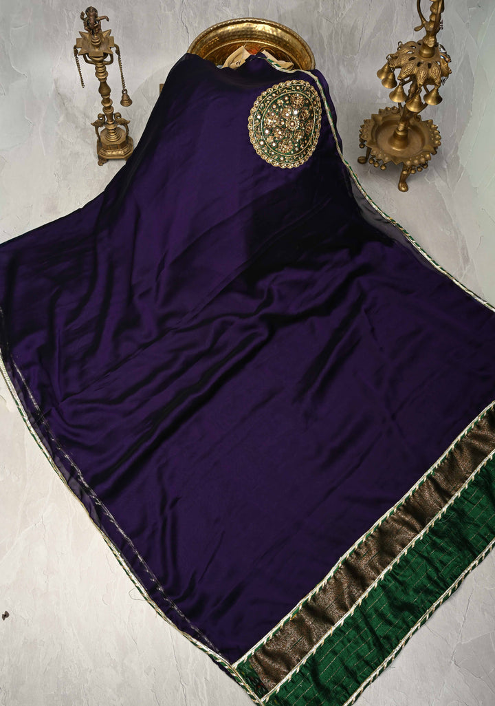 Ink Blue Georgette Saree with Tussar Mandala Hand Work and Lace Applique Border