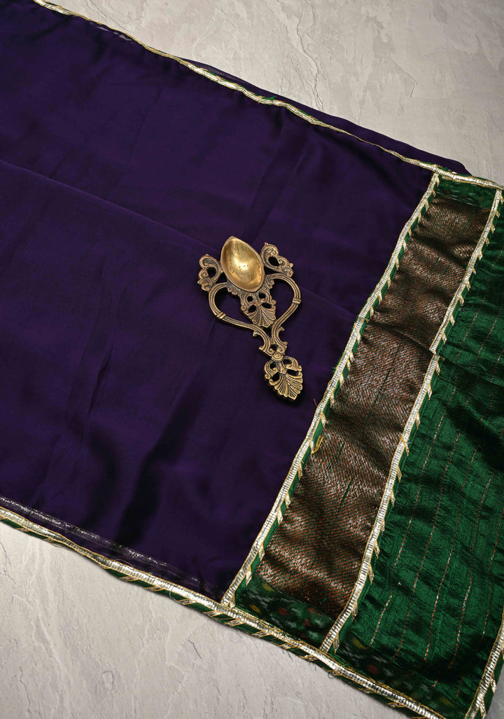 Ink Blue Georgette Saree with Tussar Mandala Hand Work and Lace Applique Border
