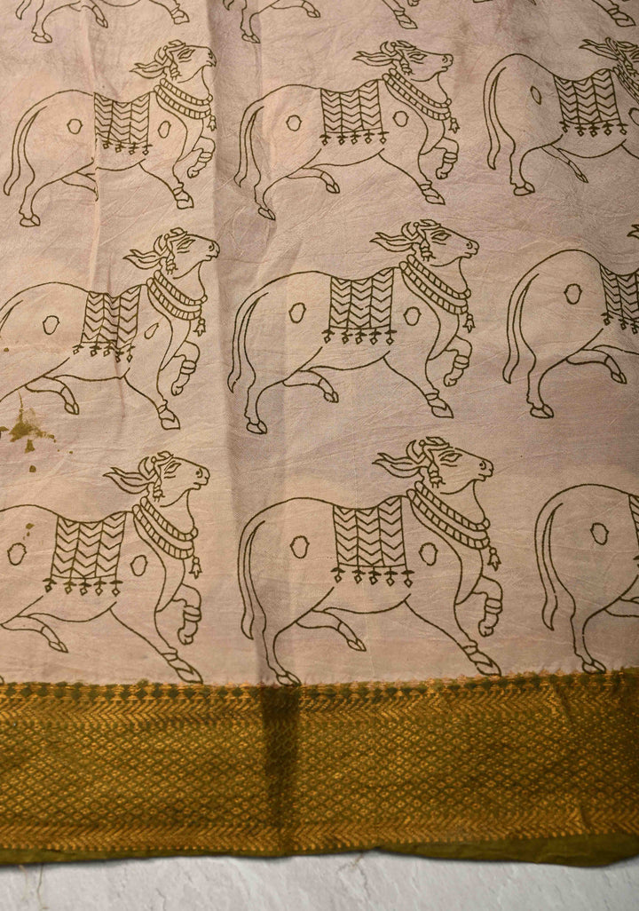 Nandi Theme : Machilipatnam Block Print Kalamkari on Mangalagiri Silk Cotton Saree