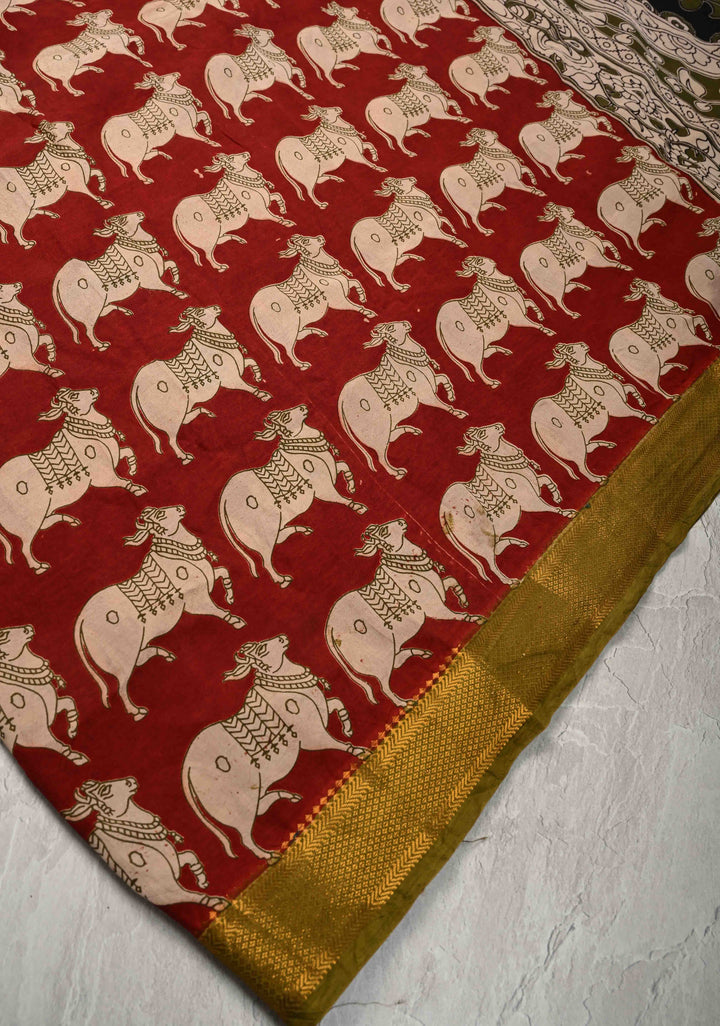 Nandi Theme : Machilipatnam Block Print Kalamkari on Mangalagiri Silk Cotton Saree