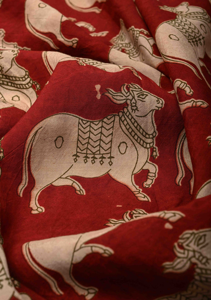 Nandi Theme : Machilipatnam Block Print Kalamkari on Mangalagiri Silk Cotton Saree