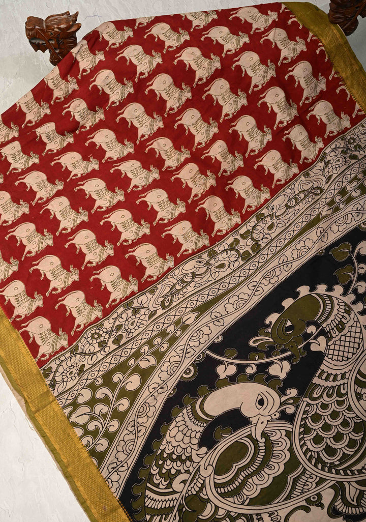 Nandi Theme : Machilipatnam Block Print Kalamkari on Mangalagiri Silk Cotton Saree