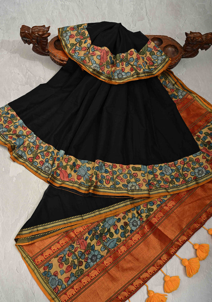 Floral Theme : Authentic Pen Kalamkari Appliqued Borders on Narayanpet Cotton Saree and Extra Long Tassels