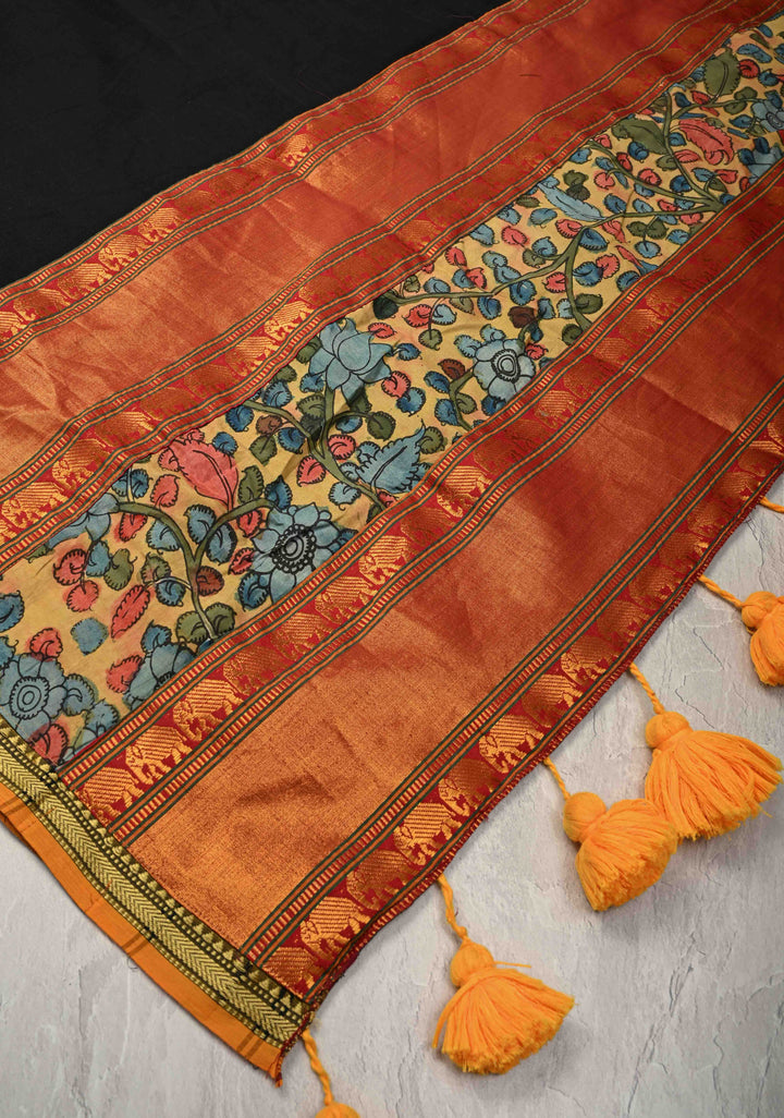 Floral Theme : Authentic Pen Kalamkari Appliqued Borders on Narayanpet Cotton Saree and Extra Long Tassels