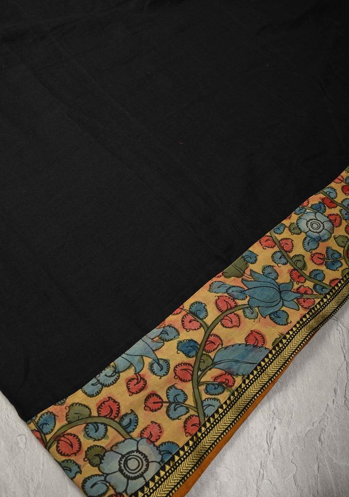 Floral Theme : Authentic Pen Kalamkari Appliqued Borders on Narayanpet Cotton Saree and Extra Long Tassels