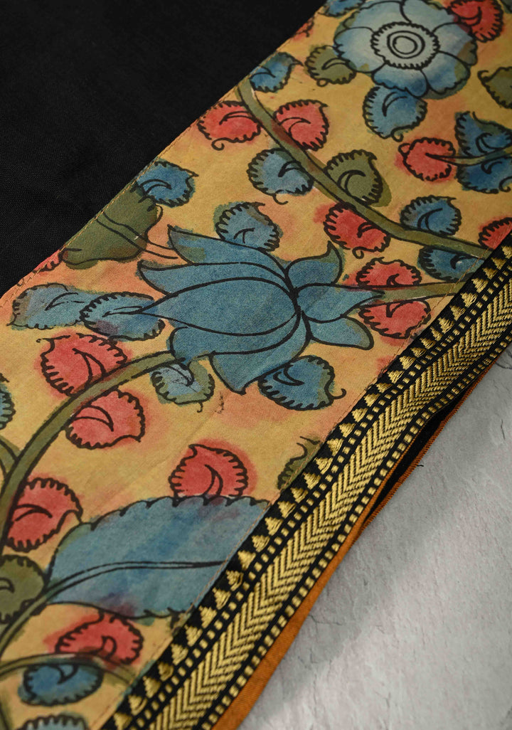 Floral Theme : Authentic Pen Kalamkari Appliqued Borders on Narayanpet Cotton Saree and Extra Long Tassels