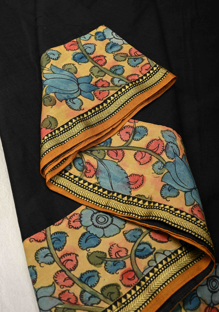 Floral Theme : Authentic Pen Kalamkari Appliqued Borders on Narayanpet Cotton Saree and Extra Long Tassels