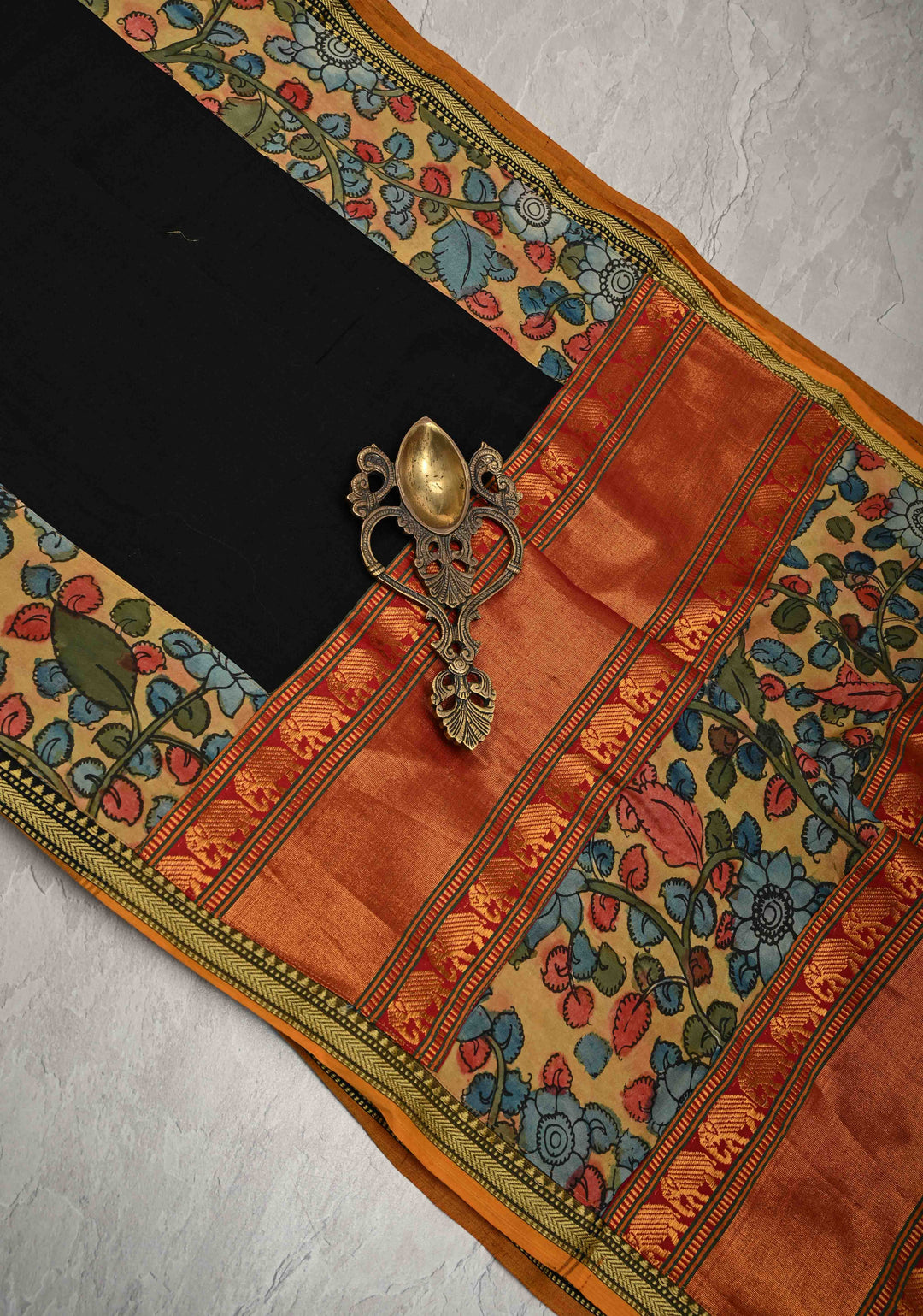 Floral Theme : Authentic Pen Kalamkari Appliqued Borders on Narayanpet Cotton Saree and Extra Long Tassels