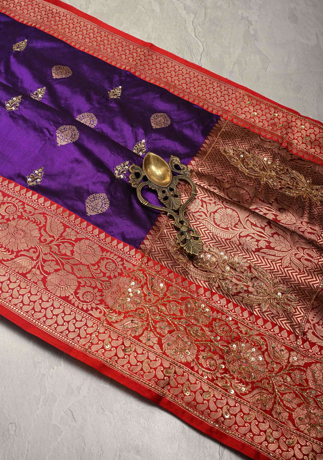 Jamuni Purple Katan Silk Saree with Zari Buttas and Sequins, Cutdana  Hand work | SILK MARK CERTIFIED