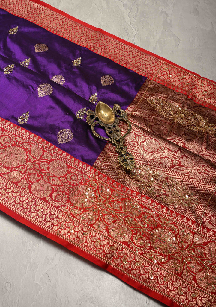 Jamuni Purple Katan Silk Saree with Zari Buttas and Sequins, Cutdana  Hand work | SILK MARK CERTIFIED