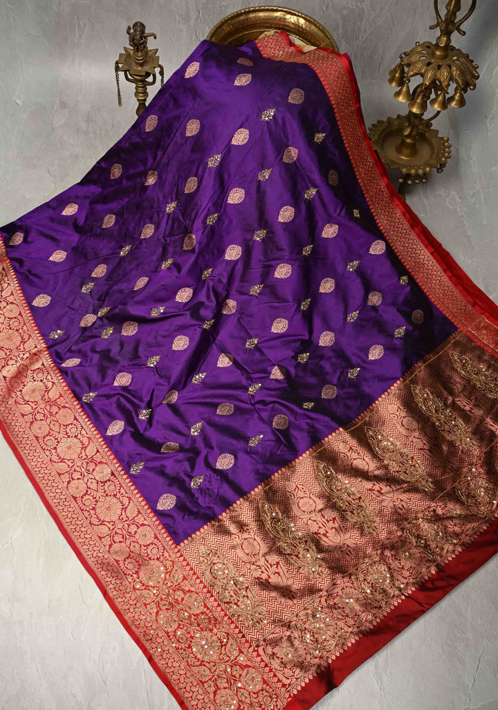 Jamuni Purple Katan Silk Saree with Zari Buttas and Sequins, Cutdana  Hand work | SILK MARK CERTIFIED