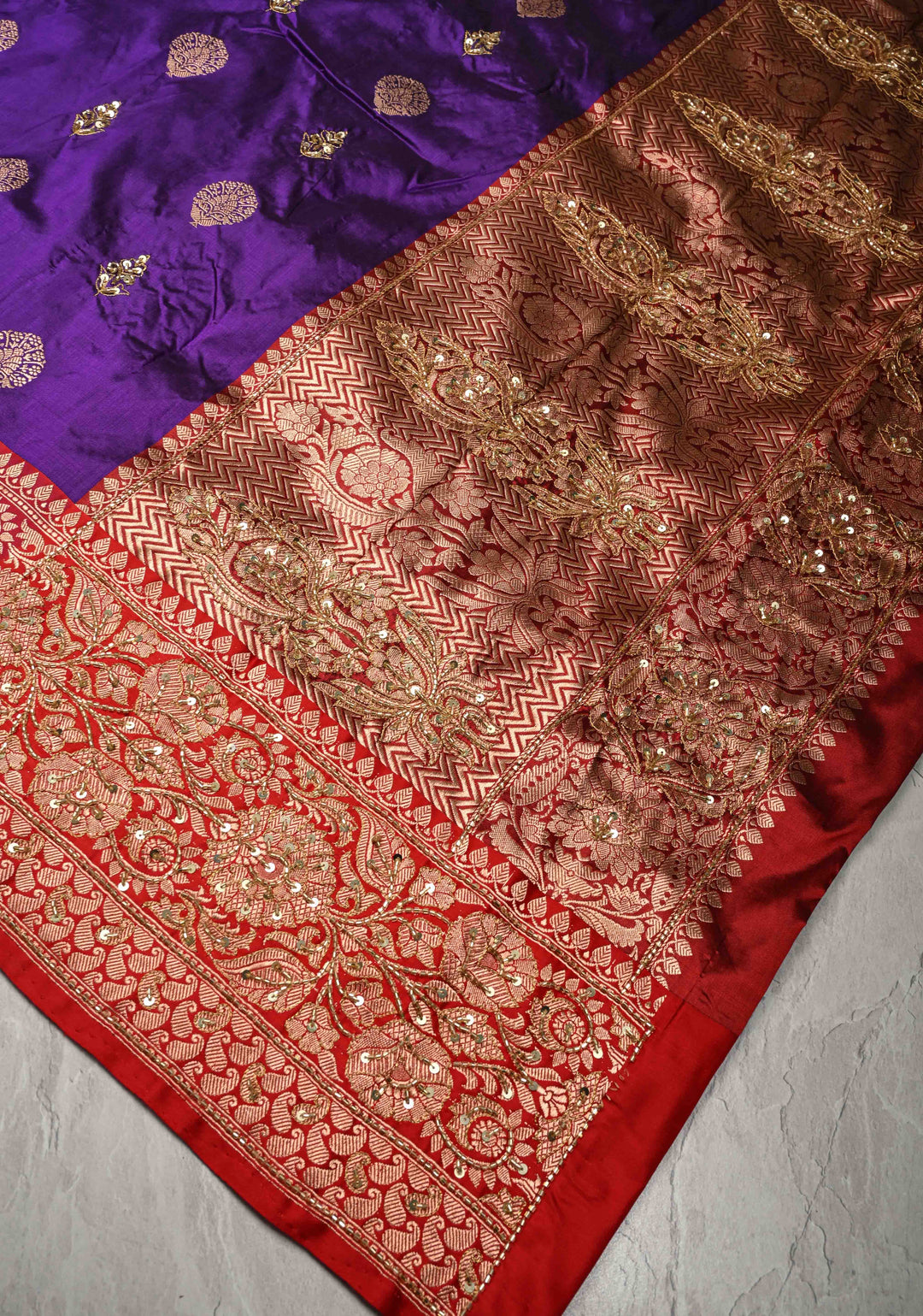 Jamuni Purple Katan Silk Saree with Zari Buttas and Sequins, Cutdana  Hand work | SILK MARK CERTIFIED