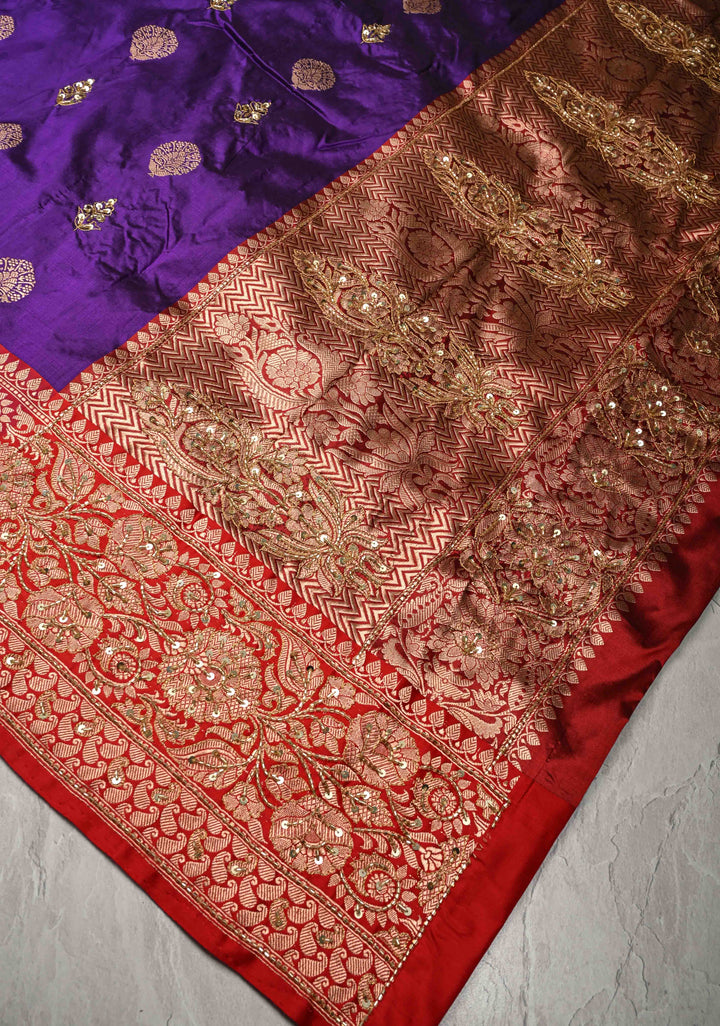 Jamuni Purple Katan Silk Saree with Zari Buttas and Sequins, Cutdana  Hand work | SILK MARK CERTIFIED