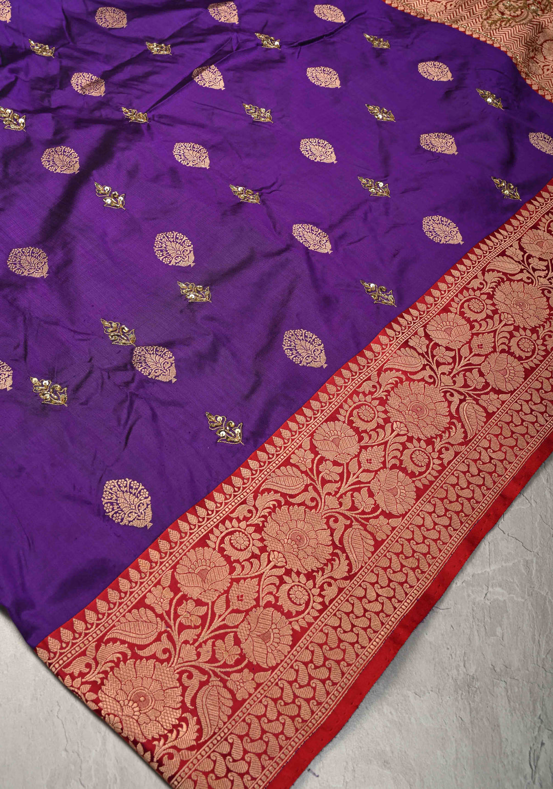 Jamuni Purple Katan Silk Saree with Zari Buttas and Sequins, Cutdana  Hand work | SILK MARK CERTIFIED