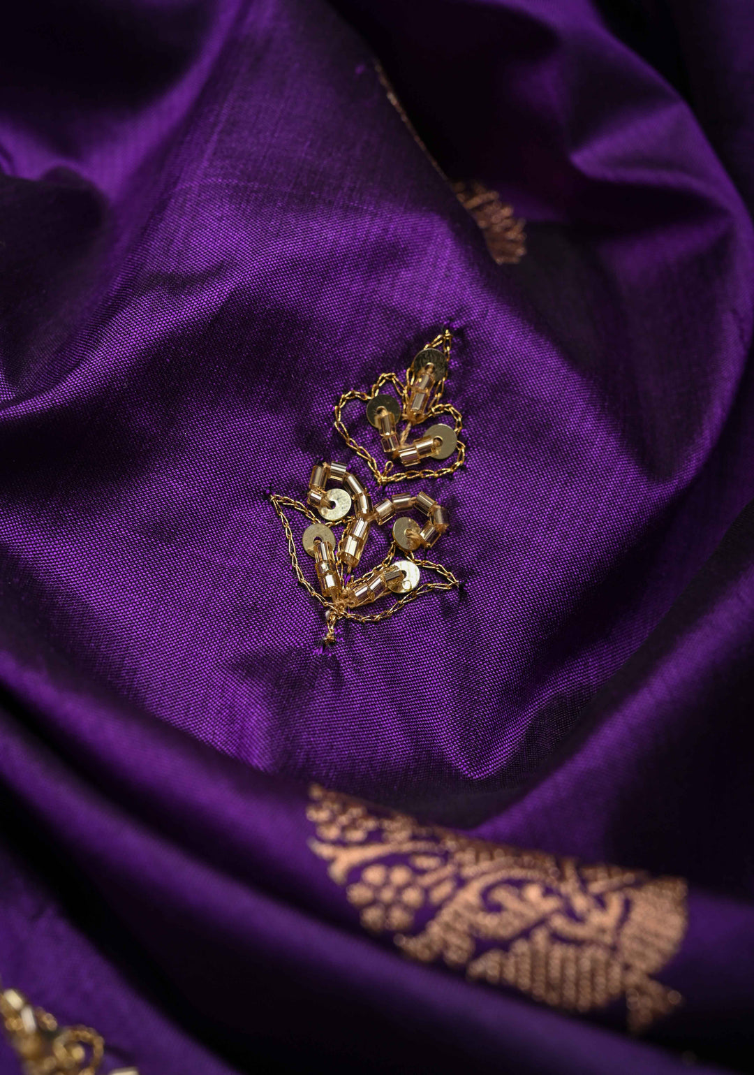 Jamuni Purple Katan Silk Saree with Zari Buttas and Sequins, Cutdana  Hand work | SILK MARK CERTIFIED