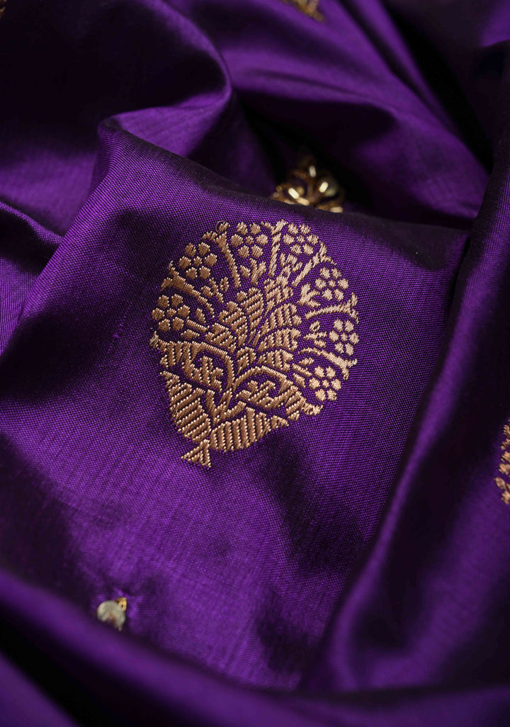 Jamuni Purple Katan Silk Saree with Zari Buttas and Sequins, Cutdana  Hand work | SILK MARK CERTIFIED