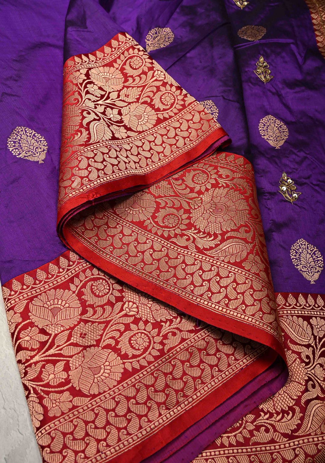Jamuni Purple Katan Silk Saree with Zari Buttas and Sequins, Cutdana  Hand work | SILK MARK CERTIFIED