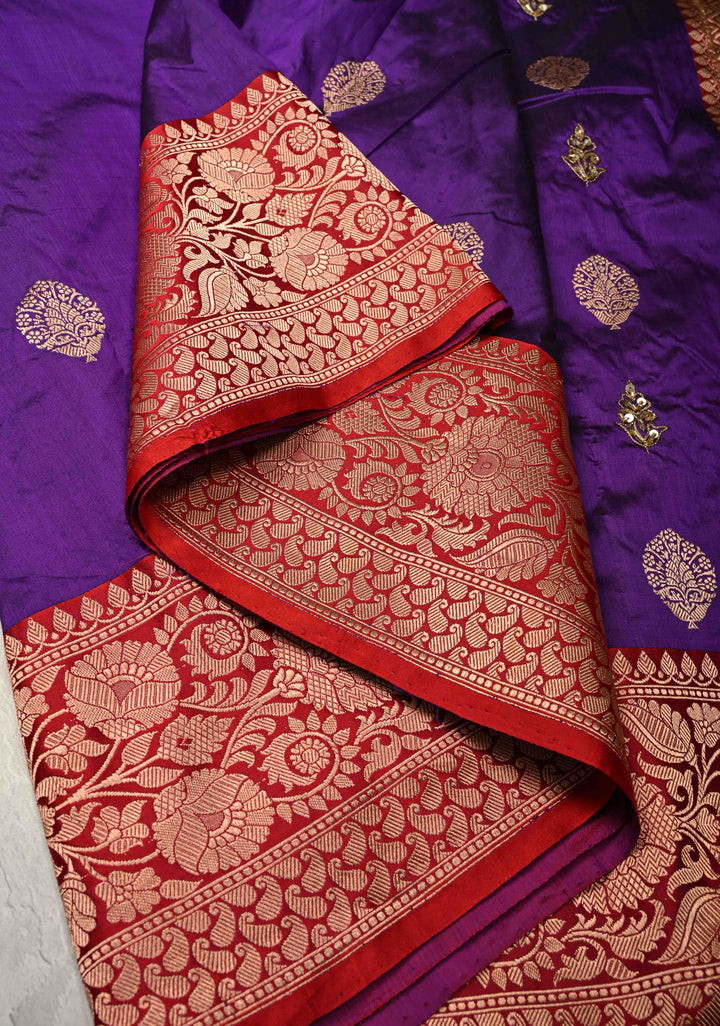 Jamuni Purple Katan Silk Saree with Zari Buttas and Sequins, Cutdana  Hand work | SILK MARK CERTIFIED