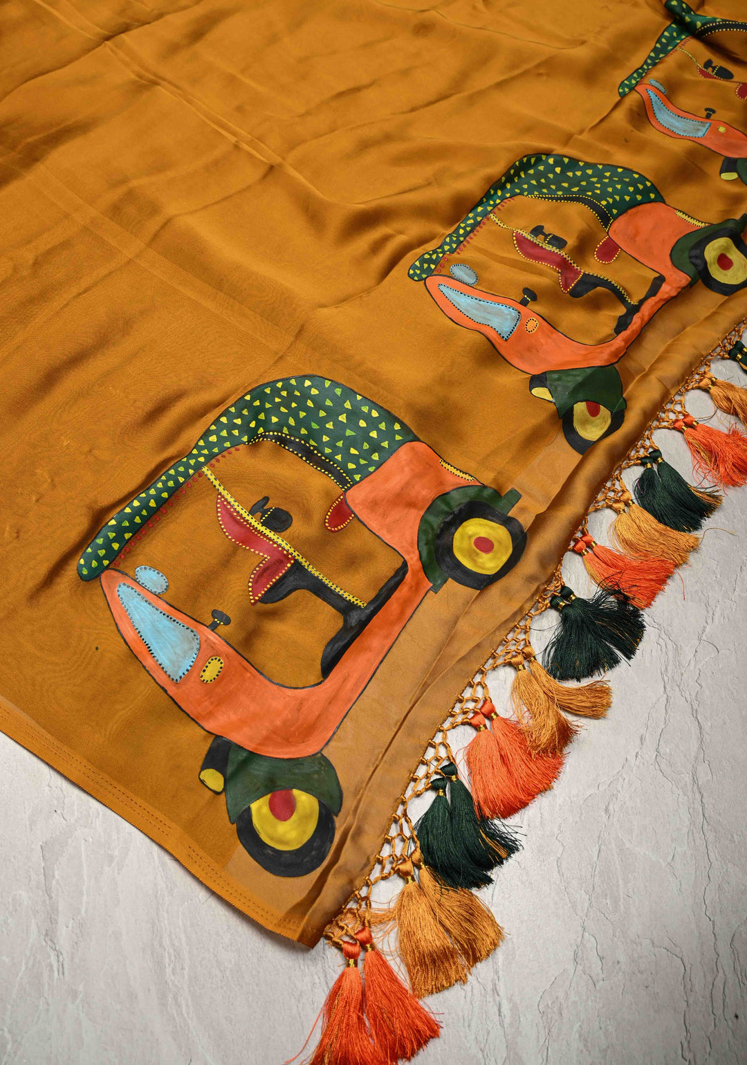Ochre Chiffon Saree with Auto Rickshaw Hand Painted on Pallu , No Blouse Piece