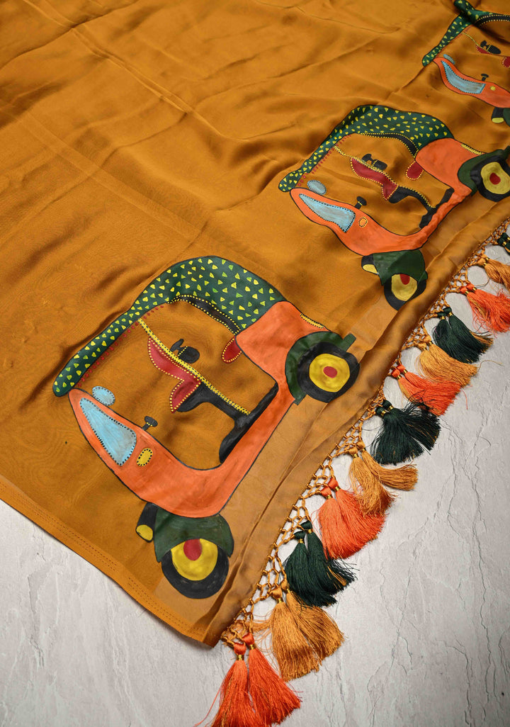 Ochre Chiffon Saree with Auto Rickshaw Hand Painted on Pallu , No Blouse Piece