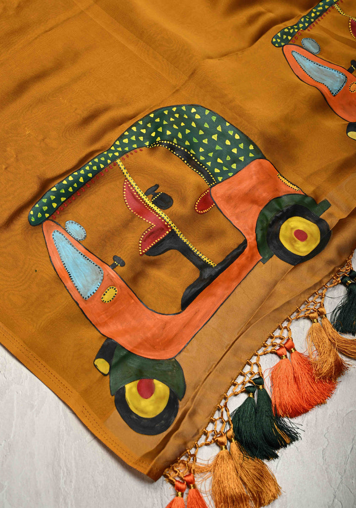 Ochre Chiffon Saree with Auto Rickshaw Hand Painted on Pallu , No Blouse Piece