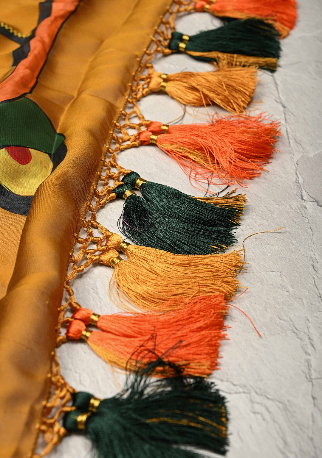 Ochre Chiffon Saree with Auto Rickshaw Hand Painted on Pallu , No Blouse Piece