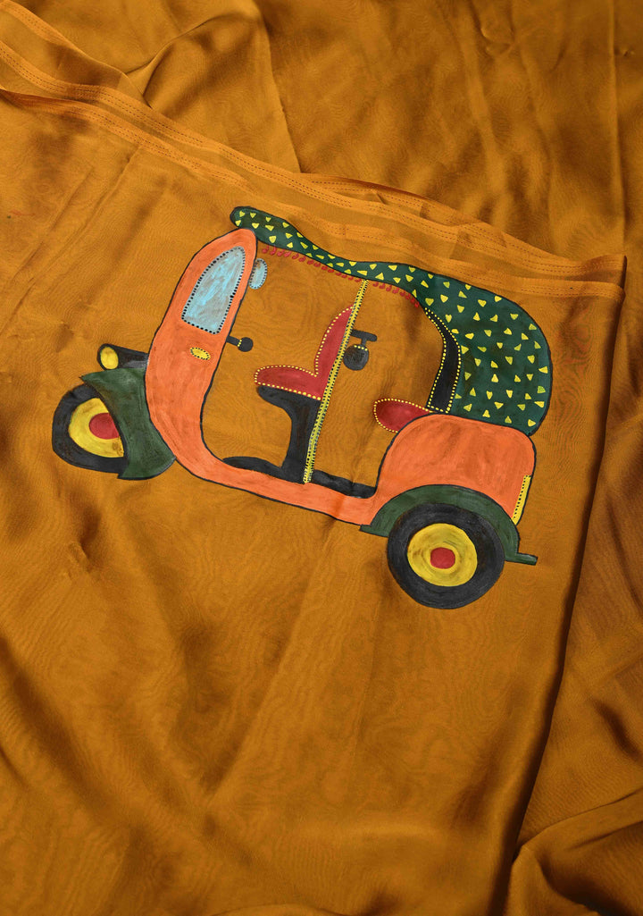 Ochre Chiffon Saree with Auto Rickshaw Hand Painted on Pallu , No Blouse Piece